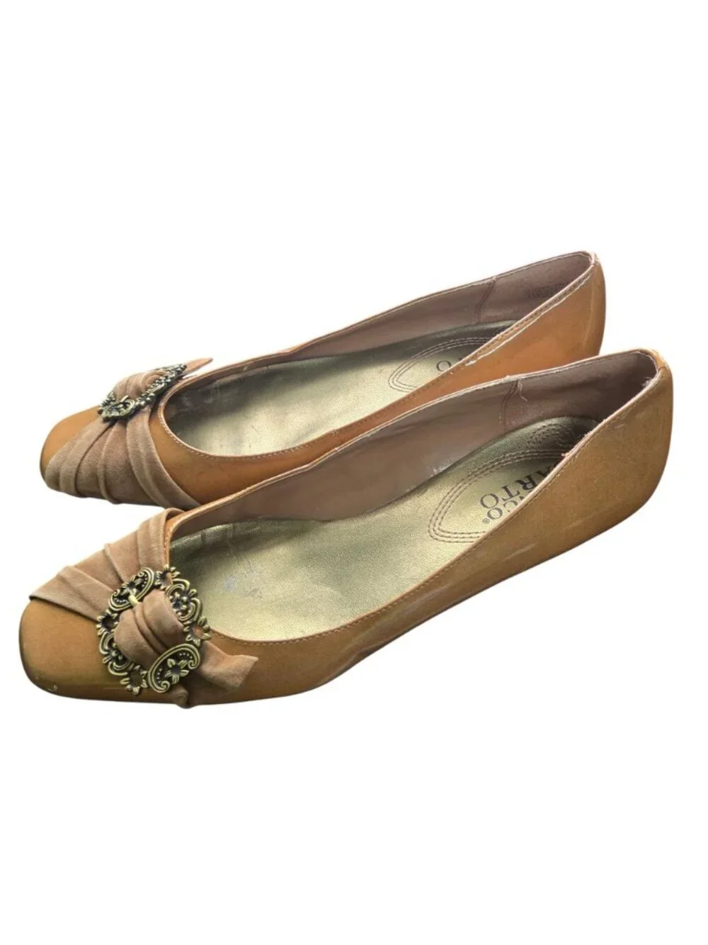 Franco Sarto Panache Tan Patent Leather Suede Ornate Buckle Kitten Heel Size 8.5